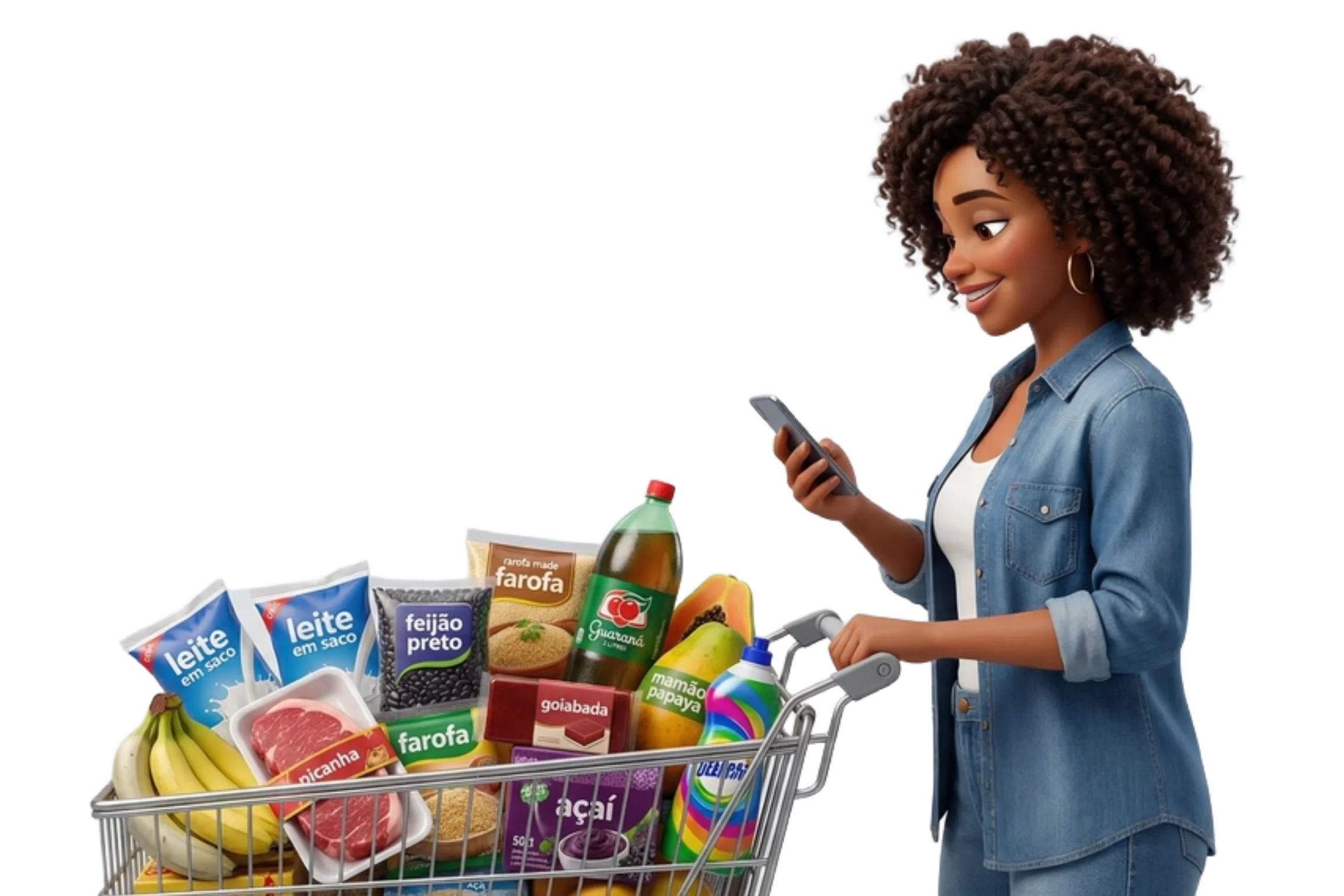 Mulher usando o app SpesaZen no supermercado com seu carrinho de compras